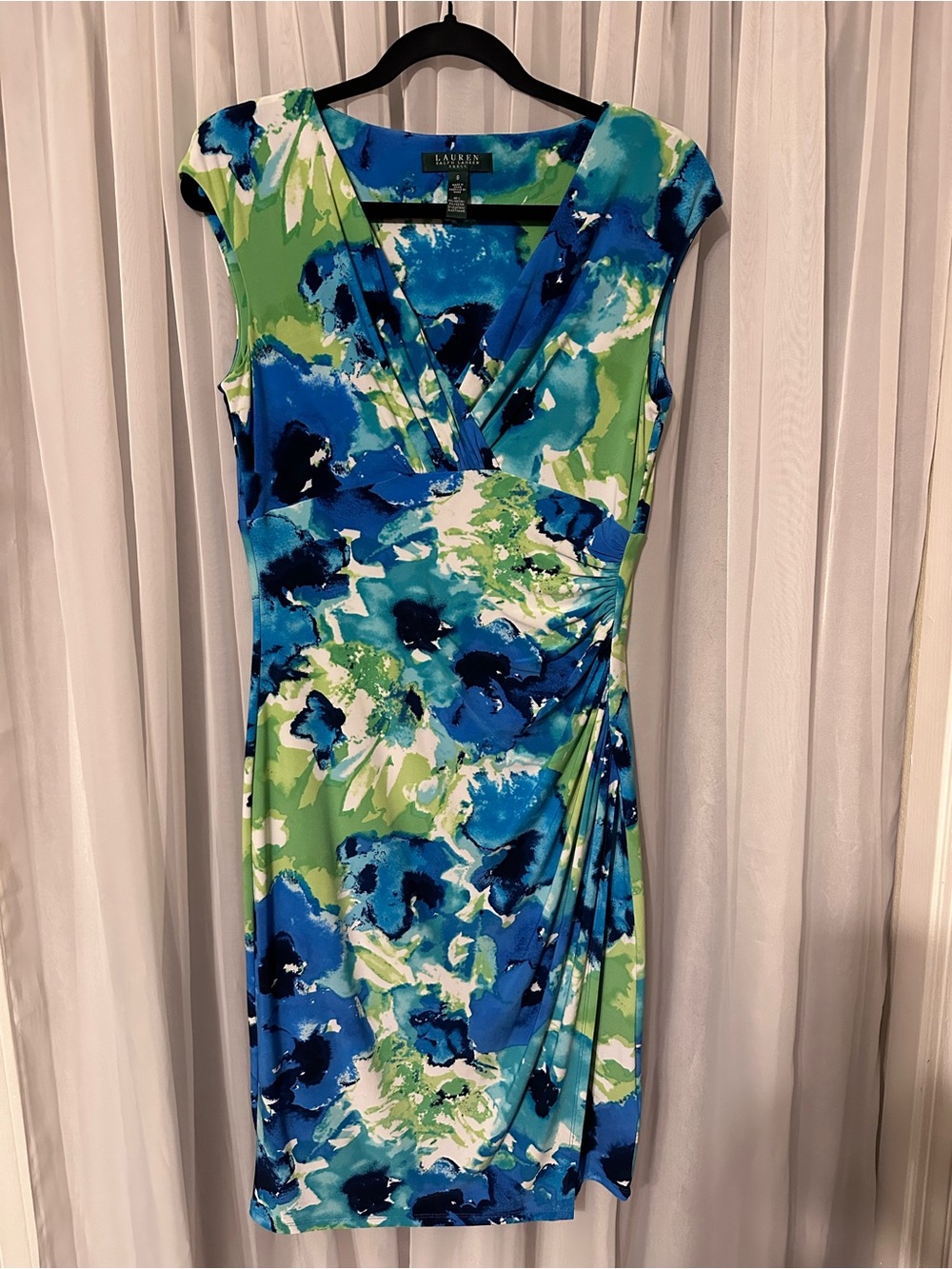 Ralph Lauren Blue & Green Floral Cap-Sleeve faux Wrap Midi Dress Size 8